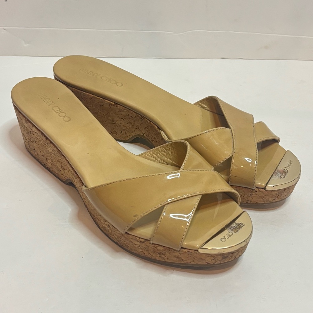 Jimmy Choo Prima Tan Patent Leather Cork Wedge Slide Sandals 38.5